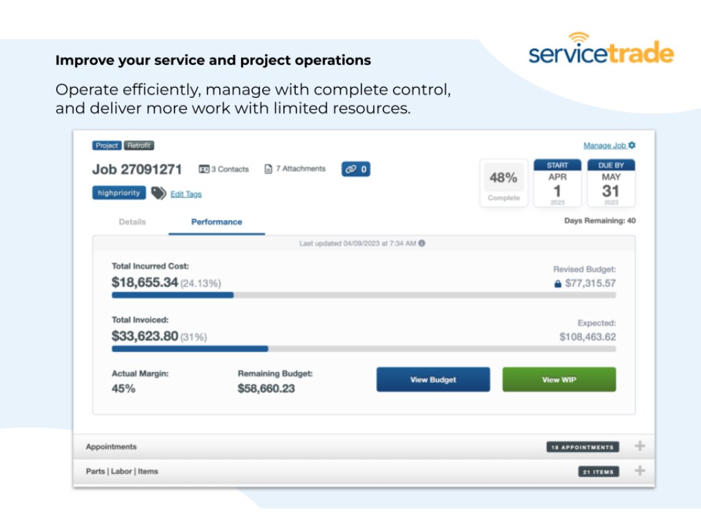 ServiceTrade project management and job costing dashboard for commercial HVAC service agreement and maintenance contract tracking